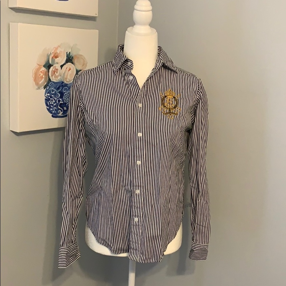 Ralph Lauren navy white striped button down emblem